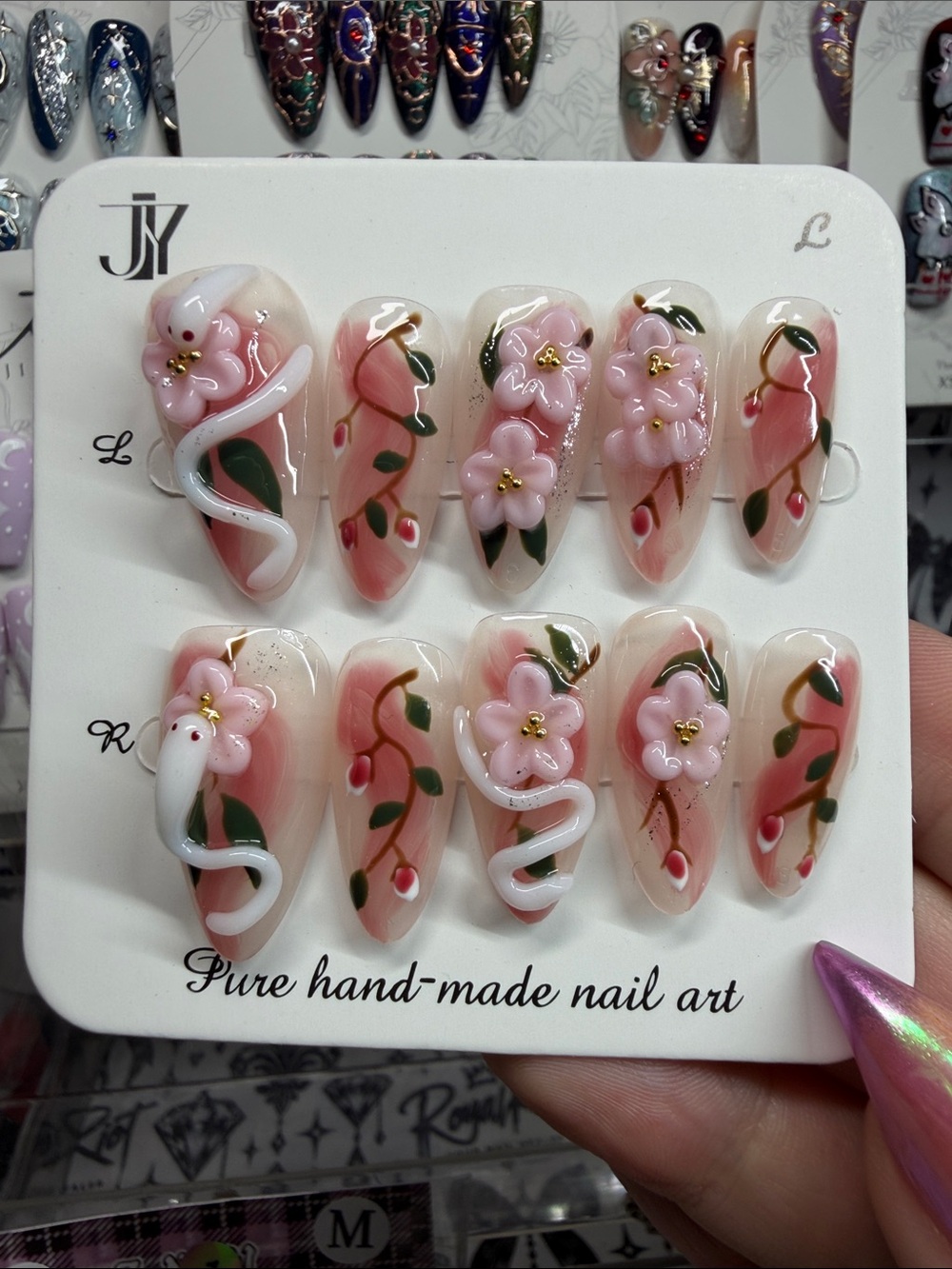 Hand-Made Pink Floral 3D Press-On Nail Set